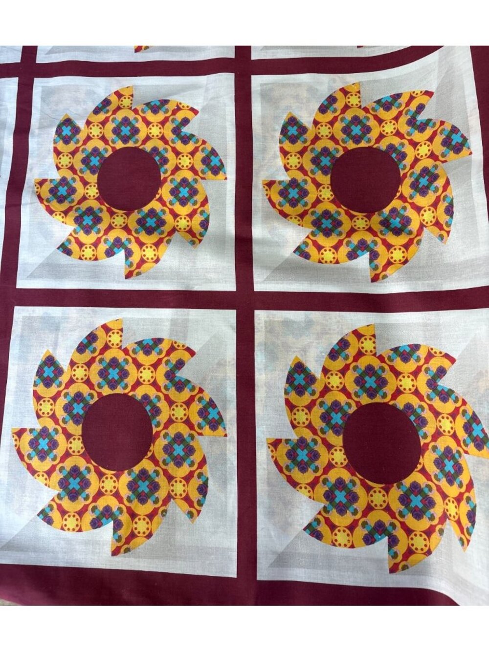 Cheater Pinwheel Burgundy Quilt Top Cotton Fabric 1 yard x 92” Colorful Pattern